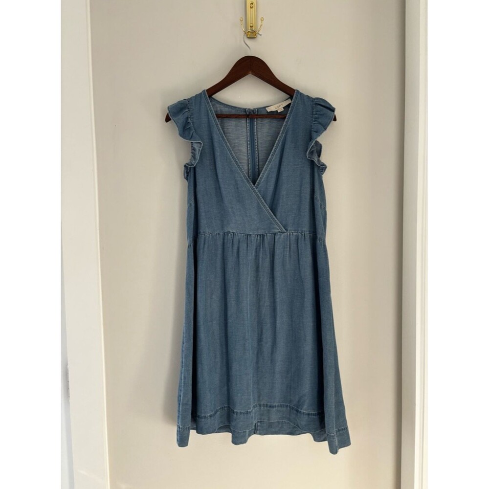 LOFT Chambray Ruffle Sleeve Dress | Soft Girl Casual Denim Mini - Picture 3 of 9